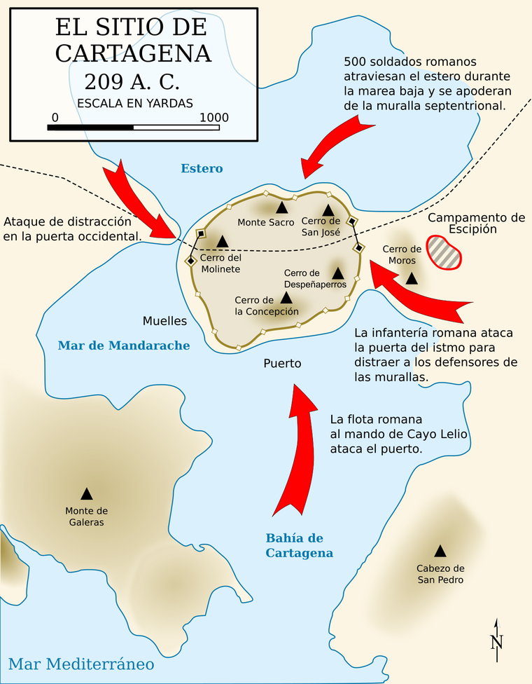 Plan of the siege of Cartagena in 209 BC
