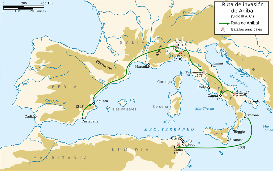 Map of Hannibal’s route from Cartagena to Italy